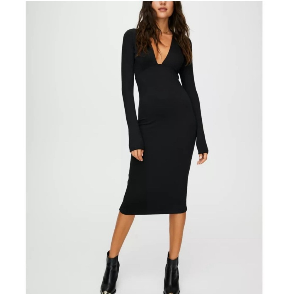 WILFRED FREE Aritzia Abby Plunge V Neck Long Sleeve Midi Dress Sz Small Gray